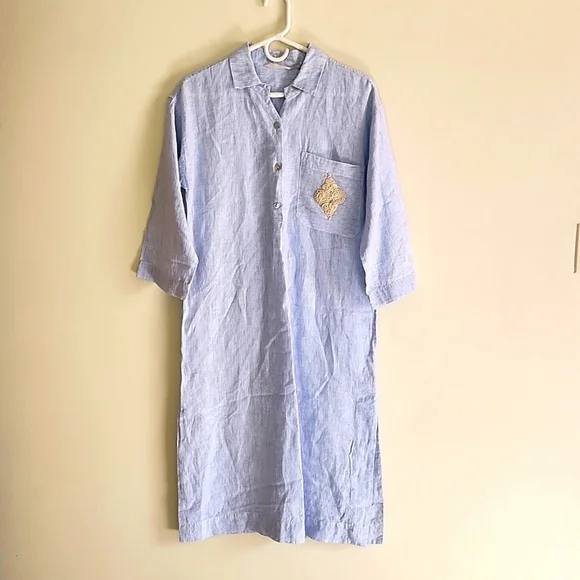 Soft Surroundings Linen Maxi Dress Blue White Striped Embroidered Side Slits S - Picture 1 of 11